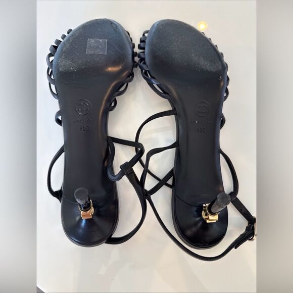 Chanel EU 40 Black Leather Strappy Sandal Heels CC Logo Charm Y2K Authentic - Picture 8 of 10